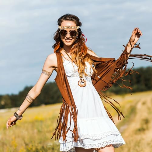 FEYIR 60s 70s Outfit for Women Hippy Accessories Fringe Hippie Vest Clothes for Halloween Disco Party Hippie Costume Set
