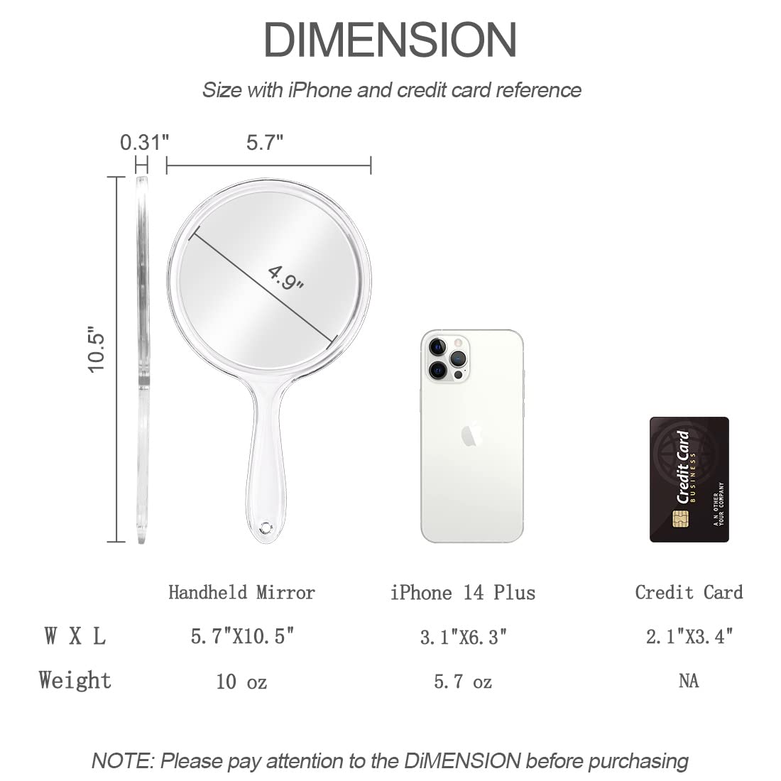 Kmchilj Makeup Hand Mirror, Double-Sided 3X 1x Magnifying Large Travel Handheld Mirror Cosmetic Mirror Acrylic Clear Finish Roun