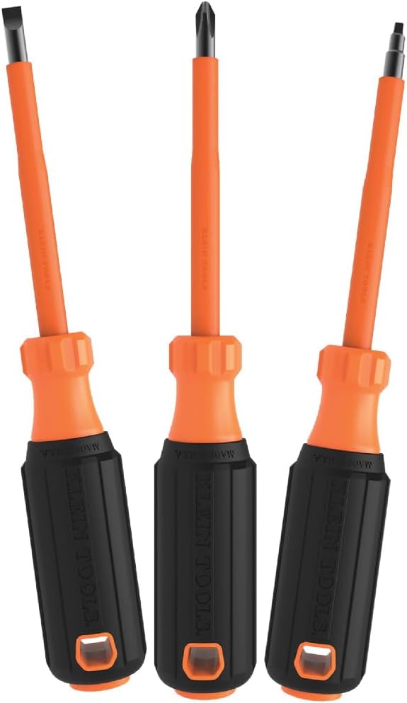 Klein Tools 85073INS Insulated Screwdriver Set, Made in USA, features 1000V Phillips, Slotted and Square Tips, Cushion Gri...