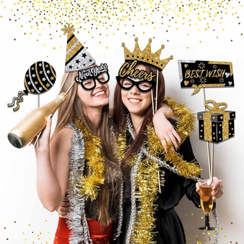 WEIKA, New Years Photo Booth Props 2026 - Huge, Pack of 30 | New Years Eve Photo Booth Props 2026 (Black Gold)