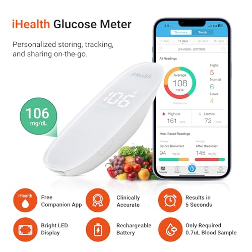 iHealth Gluco+ Wireless Smart Blood Glucose Monitor Kit with Free App, 100 Glucometer Strips, 100 Lancets, 1 Blood Sugar M...