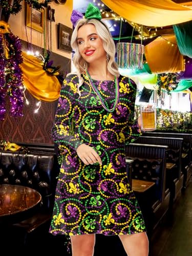 Deerose Women Vanlentine Dress Long Sleeve Mardi Gras Holiday Printed A Line Dresses with Pockets