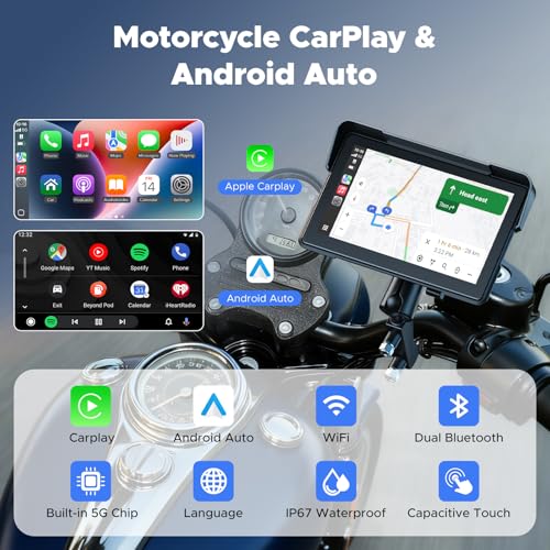 VOLAM Wireless Motorcycle CarPlay Screen, 7-inch IP67 Waterproof Touchscreen,GPS Navigation System,Anti-Glare for Dayligh...