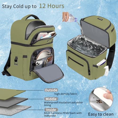 Cooler Backpack,Insulated Backpack Cooler Leakproof Double Deck Cooler Bag for Men Women RFID Lunch Backpack