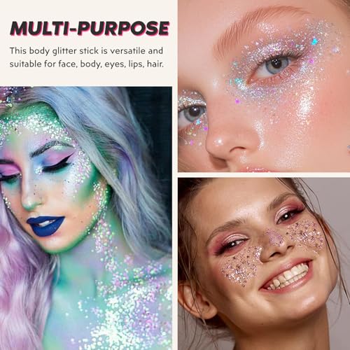 Silver Body & Face Glitter Stick,【Waterproof】【Long-Lasting】【Sparkling】 for Singer Concert Outfits, Festival Rave Mermaid A...