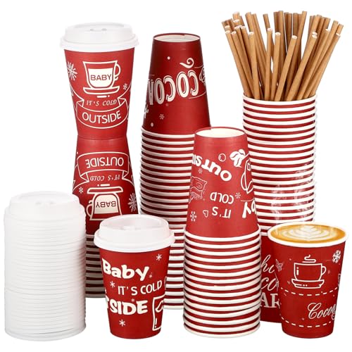 Suttmin 48 Pcs 12 oz Hot Cocoa Bar Disposable Coffee Cups Christmas It's Cold Outside Tea Paper Cup with Lid and Straw for...