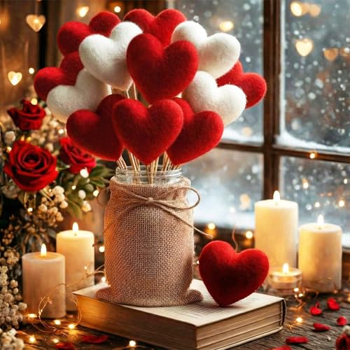 Youyole Rustic Valentines Day Table Decorations Set, Mason Jars Valentines Centerpiece Decor with 12 Pcs Red White Felt He...