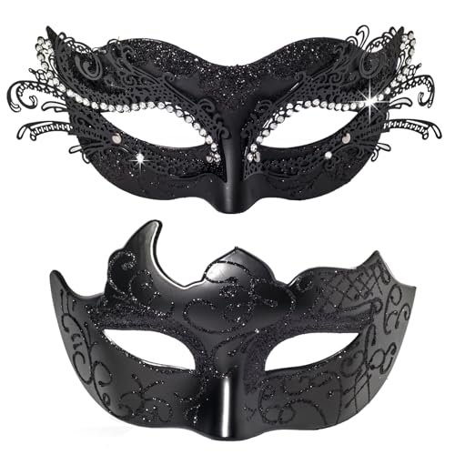 BCARICH Masquerade Masks For Couples, Women Cosplay Mask with Rhinestone and Venetian Style Men Mask for Mardi Gras Halloween