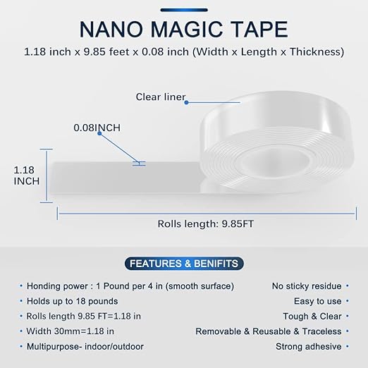Double-Sided Tape Heavy Duty 9.84 FT x 1.18 in – Clear Removable Mounting Tape for Walls, Carpet, Rugs, Posters – Reusable, No-Residue, Indoor/Outdoor Nano Gel Grip (Pack of 2)