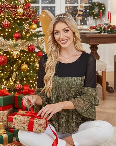 Bebonnie Womens Dressy Sparkly Peplum Tops 3/4 Sleeve Ruffles Elegant Evening Flowy Blouses