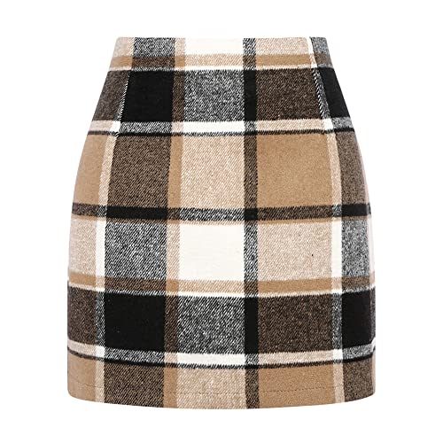Kinghua Womens Wool Plaid Mini Skirt Fall Winter High Waisted Bodycon Pencil Skirt