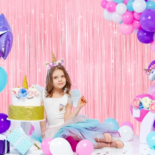 2 Pack Pastel Pink Metallic Tinsel Foil Fringe Curtains, Door Streamers Photo Booth Backdrop for Birthday Party, Tinsel Cu...