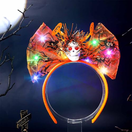 Sinalty Light up Halloween Bow Headbands LED Ghost Head Hairband Glowing Cosplay Hair Accessories for Women
