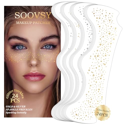 24pcs Gold and Silver Glitter Freckles Face Tattoo, Sparkle Freckles Temporary Face Tattoos, Body Face Glitter Makeup Patc...