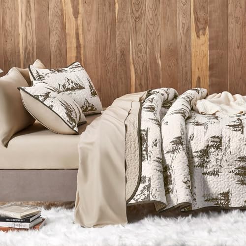 Wake In Cloud - Rustic Quilt Set, Cabin Forest Woodland Camping Theme with Lodge Mountain Print, Reversible Lightweight Be...