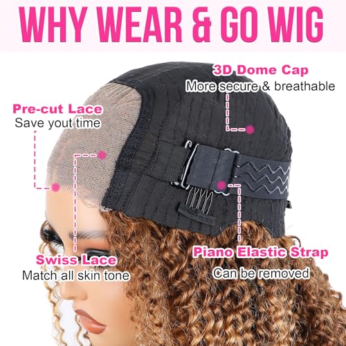 16 inch Wear and Go Glueless Wig Ombre Highlight 4/27 Kinkycurly Wigs Pre Cut Transparent Lace Wig human hair Pre Plucked,Natural Hairline for Women 200% Density