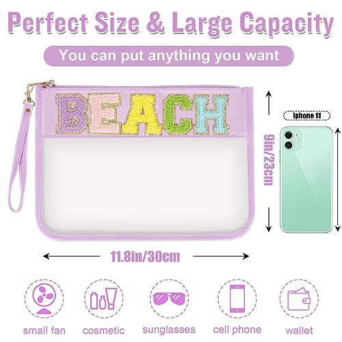 Chenille Letter Clear Bag Beach Purse with Wristlet, Monogram PVC & PU Clear Zipper Pouch, Waterproof Portable Glitter Sna...