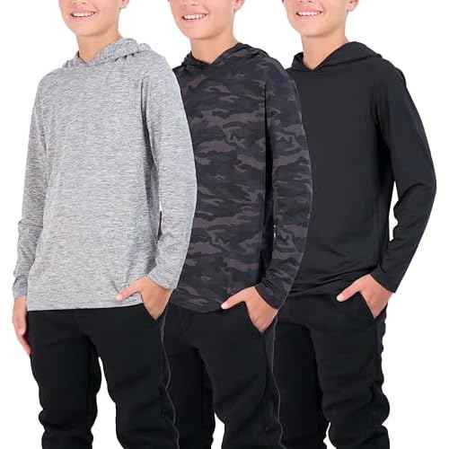 Real Essentials 3 Pack: Dry-Fit Youth Boys Teen Active Long Sleeve Hoodie Sweatshirts - Hooded Pullover Shirts