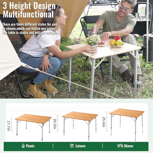 KingCamp Adjustable Height Folding Table, 4-Fold Bamboo Camping Outdoor Portable RV Camp Table with Carry Bag for Outdoor ...