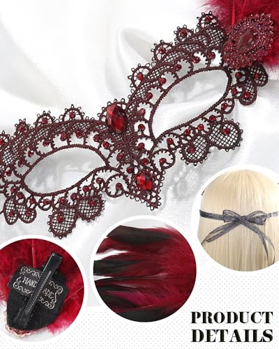 Zinniday Halloween Feather Masquerade Masks - 1920s 50s Antique Lace Venetian Mask for Women Renaissance Cosplay Party
