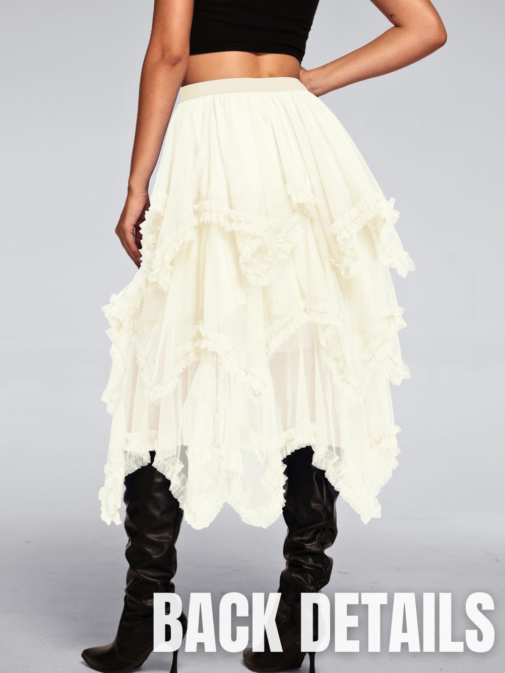 Kaei&Shi Long Tulle Skirt,High Waisted Asymmetrical Ruffle Skirts for Women,Renaissance Fairy Costume Concert Birthday Party Beige One Size