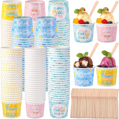 Ninehaoou 200 Sets 6 oz Ice Cream Paper Cups with Wooden Spoons Bulk Ice Cream Sundae Bar Supplies Disposable Dessert Bowl...