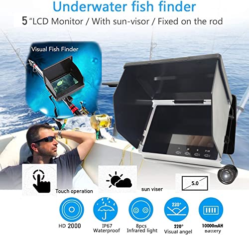 5" Underwater Fishing Camera,Portable LCD Monitor HD Fish Finder, IP67 Waterproof Camera 800 * 480 with Sun Visor,2000cd B...