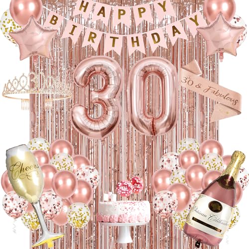 30th Birthday Decorations for Her,Happy 30th Birthday Banner,Backdrop,Crown, Sash,Goblet Balloons, Champagne and Star Ball...