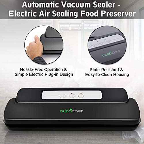 NutriChef Automatic Handheld Sealer Vacuum Machine -Storage for Dry or Moist Product Home Kitchen Heat Sealing System -Simple & Compact Fresh Saver Meal -Food Plastic Roll Bag Starter Kit -AZPKVS10BK