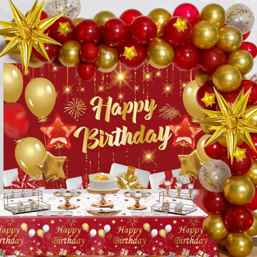 Red and Gold Birthday Decorations for Women Men Girls Boys, 72pcs Red and Gold Party Decorations Happy Birthday Backdrop B...