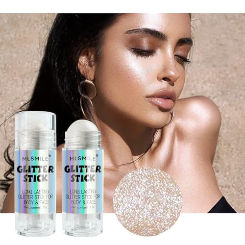 White Body Glitter Stick, Multi-Use Roll-on Face Body Glitter for Women & Kids, Long Lasting Shimmer, Travel Size Sparklin...