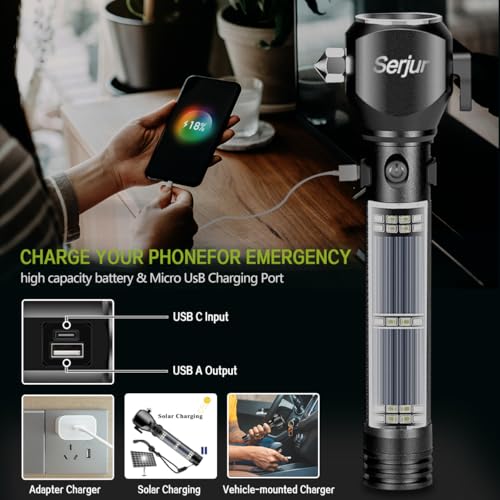 Serjur Rechargeable Solar Powered Flashlight,Multi Function LED Tactical Flashlight with Glass Breaker,Seatbelt Cutter,Ala...