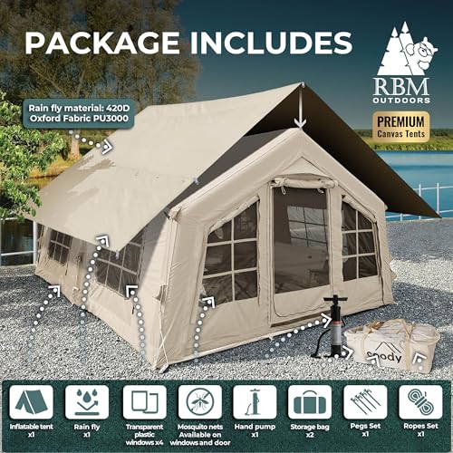 Coody | Rbm Outdoors Koala/Hub/Octopus Inflatable Tents for Camping with Stove Jack, 2/8/10 Person Luxury Canvas Blow Up T...