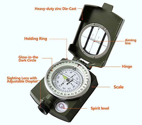 AOFAR Military Compass,AF-4580 Lensatic Sighting, Waterproof and Shakeproof with Map Measurer Distance Calculator, Pouch f...