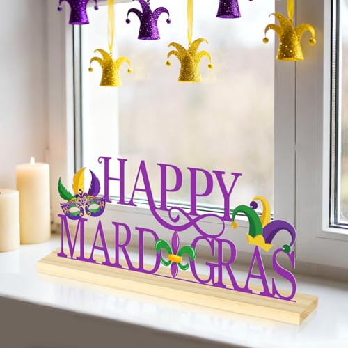 Happy Mardi Gras Metal Table Sign, Mardi Gras Table Decoration Centerpiece, Metal Letter Sign with Wooden Base, Holiday Ta...