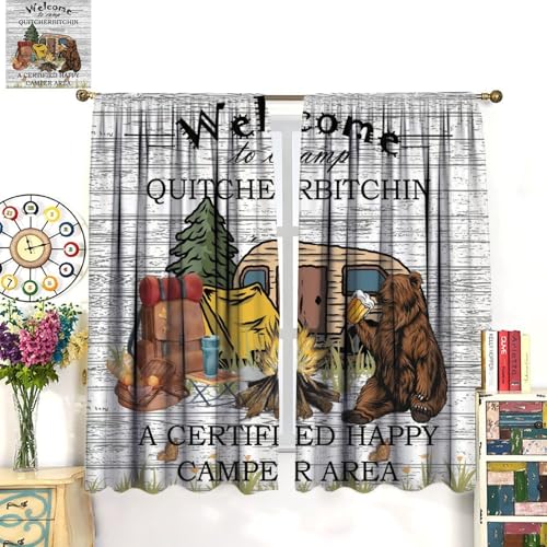 Fblifil Funny Camper Curtain,Bear Drink Beer Camping Trailer Tent Campfire in Forest Woodland Welcome to Camp Quote Window...