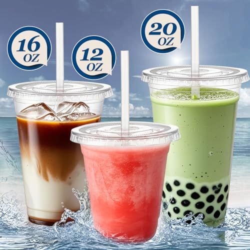 Charmount 100 Sets- 20 oz Clear Plastic Cups with Lids and Straws, Disposable To Go Cups for Cold Drinks, Coffee Bar Acces...