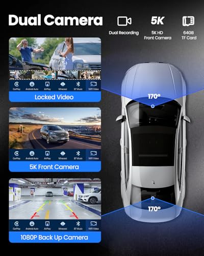 VyKure Portable Carplay Screen for Car 5K Dash Cam, 9" Wireless CarPlay & Android Auto Car Audio Receivers with 1080p Back...