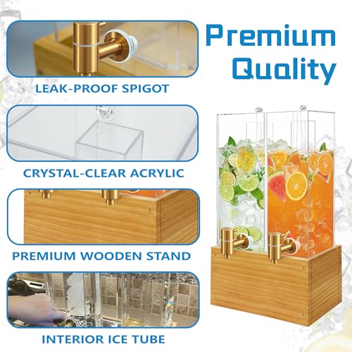2 Pack 2 Gallon Drink Dispenser, Large Drink Dispenser with Wood Stand, Beverage Dispenser with Ice Core and Airtight Valv...
