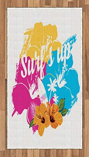 Ambesonne Beach Saying Area Rug, Tropical Hawaiian Hibiscus Flower Bouquet and Surf up Phrase with Paddle Board, Flat Wove...