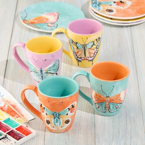 Butterflies Set of 4 Hand-Painted Ceramic Mugs – 16oz Coffee and Tea Cups with Bright Butterfly Designs in Yellow, Pink, O...