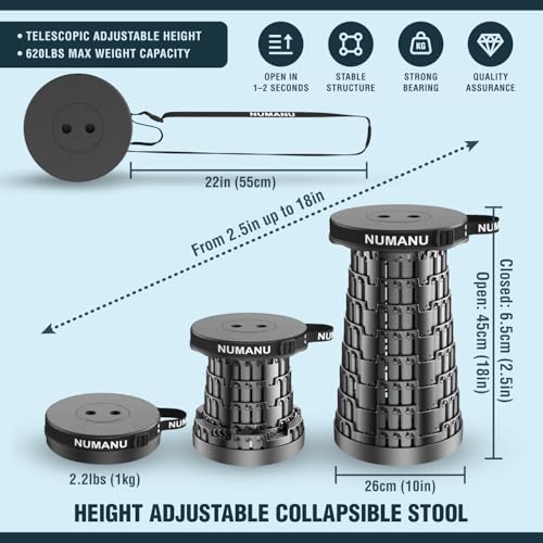 NUMANU 2025 Upgraded Collapsible Stool & 3IN1 Cushioned Carry Bag, 2.5"-18" Height Adjustable Max 620lbs, Portable Retract...