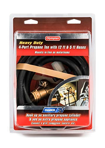 Camco Propane Brass 4 Port Tee- Comes with 5ft and 12ft Hoses, Allows for Connection Between Auxiliary Propane Cylinder an...