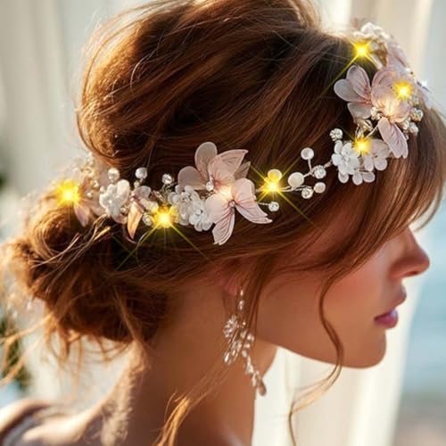 Unicra Butterfly Light up Headband Flower Bridal Wedding Hair Vine Silver Bride Hair Piece Pearl Hair Accessories for Wome...
