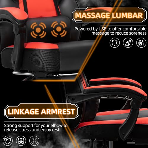 Shintenchi Gaming Chair, Office Chair with Footrest and Lumbar Support, Height Adjustable Game Chair with 360°-Swivel Seat and Headrest and for Office or Gaming (Deep Red)