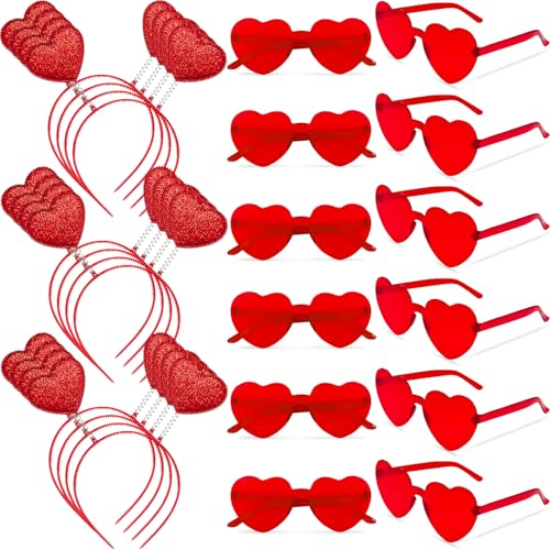 Zddaoole 24 Pcs Valentine's Day Heart Headband and Heart Shape Sunglasses,Red Romantic Head Bopper,Valentines Photo Prop H...