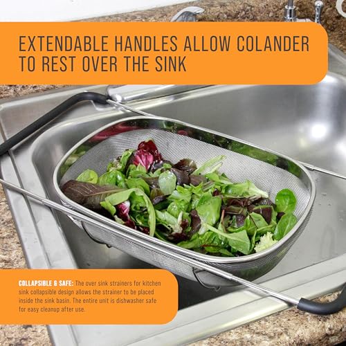 U.S. Kitchen Supply Stainless Steel Colander Strainer - 6-Quart Collapsible Colander with Expandable Rubber Handles - Rect...