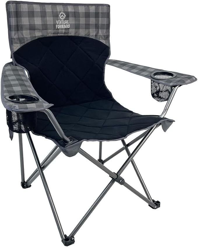 Venture Forward Quilted Quad Camping Chair with Carry Bag – Padded Folding Outdoor Chair with Armrests & Built-in Cup Hold...