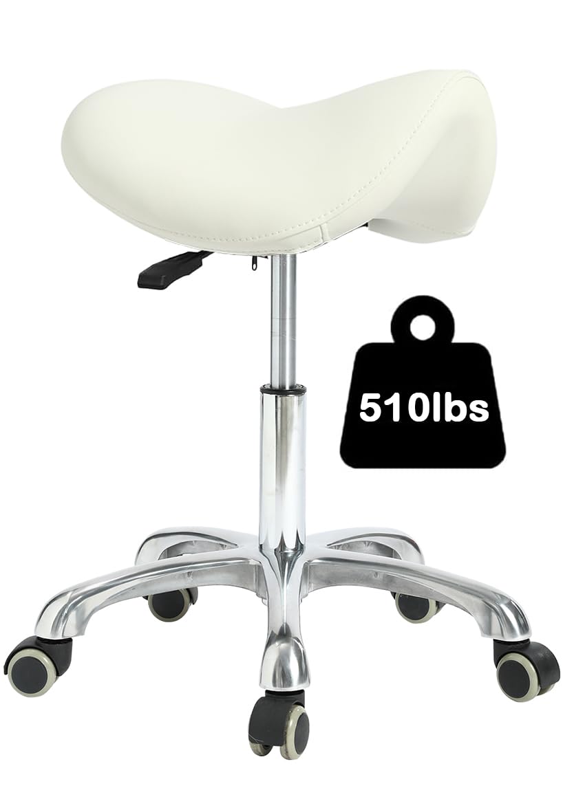 Ergonomic Saddle Stool, Thick Memory Foam Height Adjustable Rolling Chair with Silent Casters & Heavy Duty Aluminum Base, Swivel Tilt Seat No Backrest for Tattoo Salon Office Bar Home Desk, White