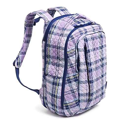 Vera Bradley Women's Cotton Large Travel Backpack Travel Bag, Amethyst Plaid - Recycled Cotton, One Size